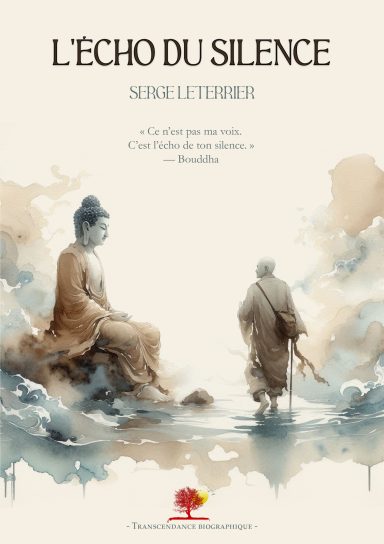 L'Echo du Silence Couverture de livre montrant un moine et une silhouette méditative dans un paysage brumeux.