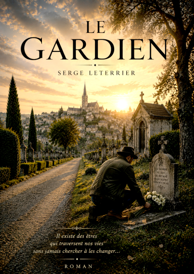 Le Gardien Un homme s'agenouille devant une tombe au crépuscule, dans un cimetière.