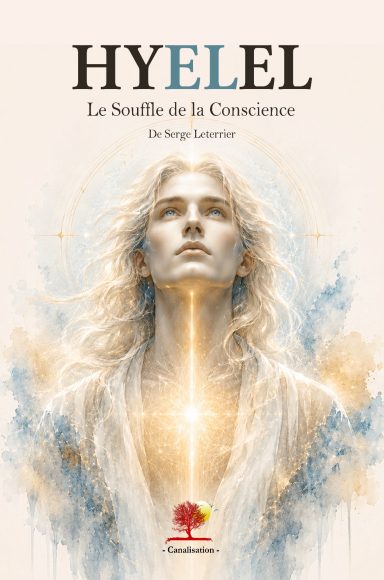 Hyelel - Le Souffle de la Conscience Couverture de livre avec un personnage éthéré et un arrière-plan lumineux. Titre en haut.