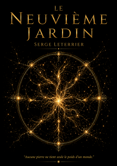 Le Neuvième Jardin Couverture du livre "Le Neuvième Jardin" de Serge Le Tendre, avec un motif doré et mystique.
