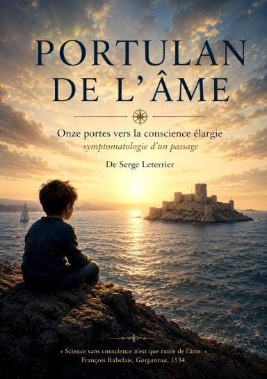 Portulan de l'âme Un enfant contemplant un paysage marin avec le titre "Portulan de l'âme" en surimpression.