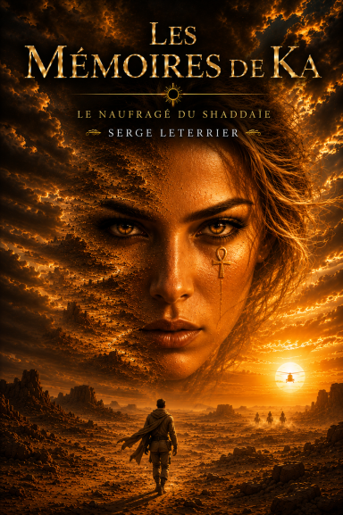 Les mémoires de Ka - Le naufragé du Shaddaïe Couverture de livre avec un visage féminin intense et un paysage mystérieux en arrière-plan.
